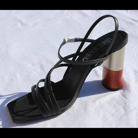 NEW SOL SANA TONIA 4" ROUND BLOCK BI-COLOR HEEL BLACK LEATHER STRAPS CHOICE SIZE - Picture 2 of 7